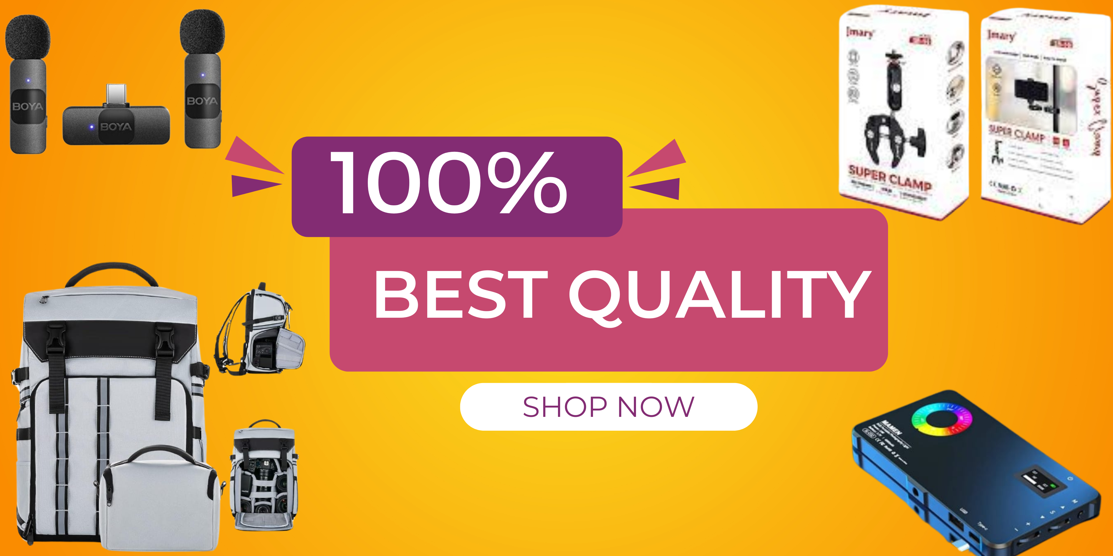 Orange and Violet Banner Illustration With Gadgets Border Banner